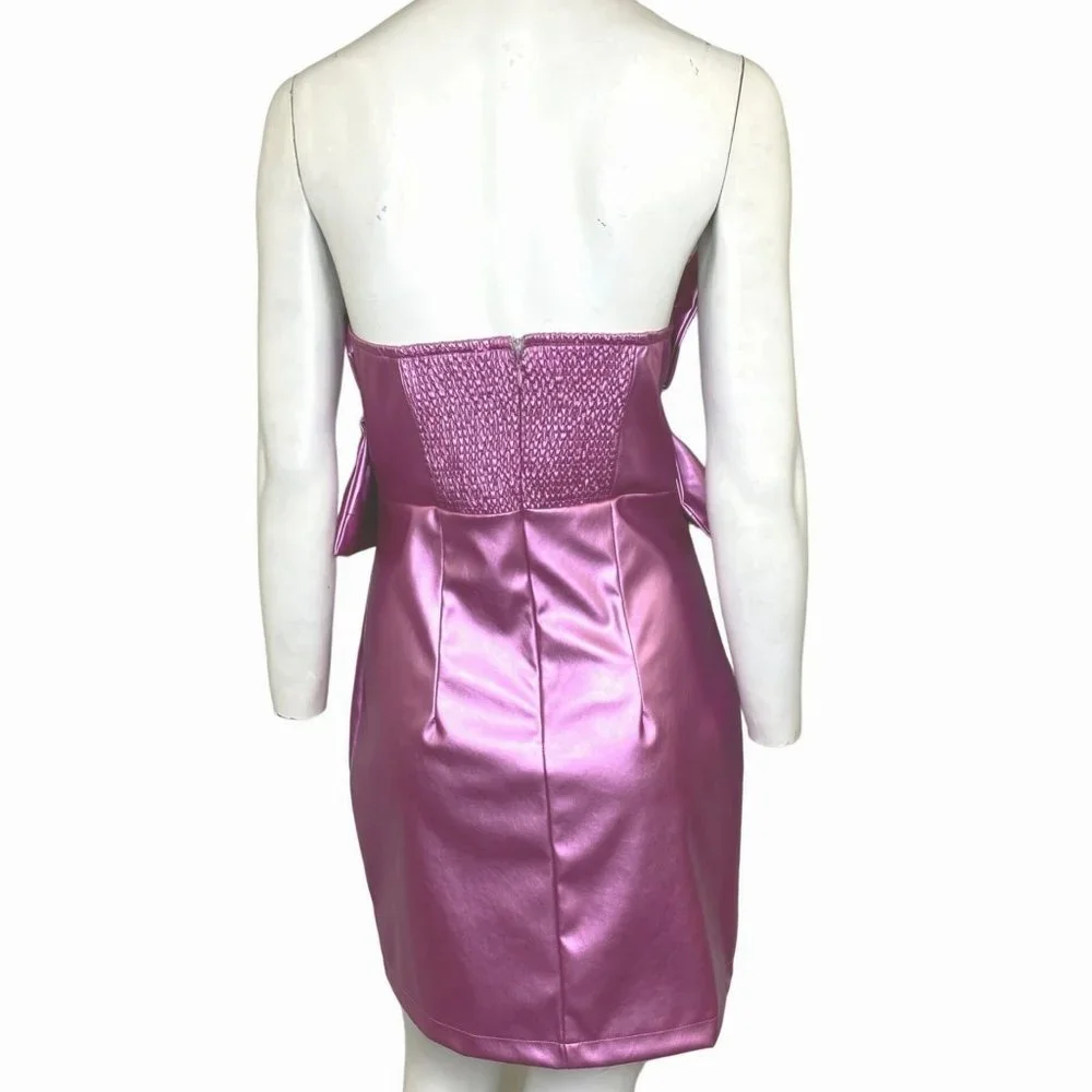 Glam Ruffled Bandeau Metallic Strapless Mini Cocktail Dress Pink Size Small NWT